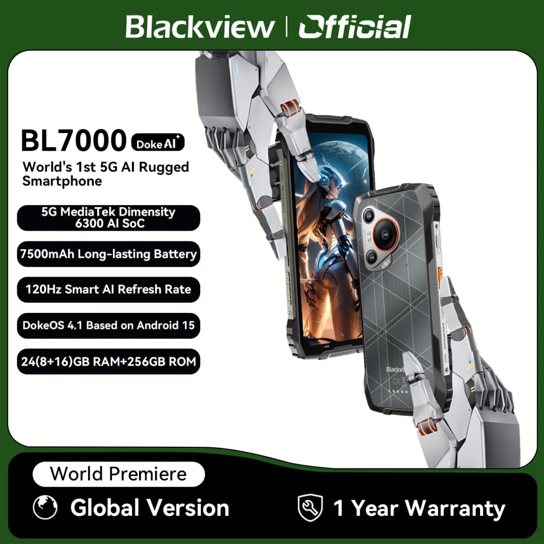 هاتف بلاك فيو BL7000 5G الذكي المتين مع ذكاء اصطناعي، أندرويد 15، شاشة 6.78 بوصة HD+2.4K بمعدل تحديث 120 هرتز، ذاكرة وصول عشوائي 8 جيجابايت، ذاكرة داخلية 256 جيجابايت، بطارية 7500 مللي أمبير