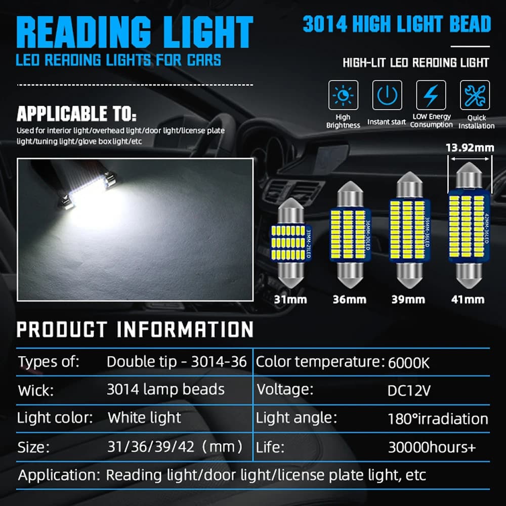مصابيح LED للسيارة مقاس 31MM 36MM 39MM 41MM C5w C10W، إضاءة قبة Festoon، لوحة ترخيص، مصابيح باب وصندوق السيارة، أبيض DC 12V - 3