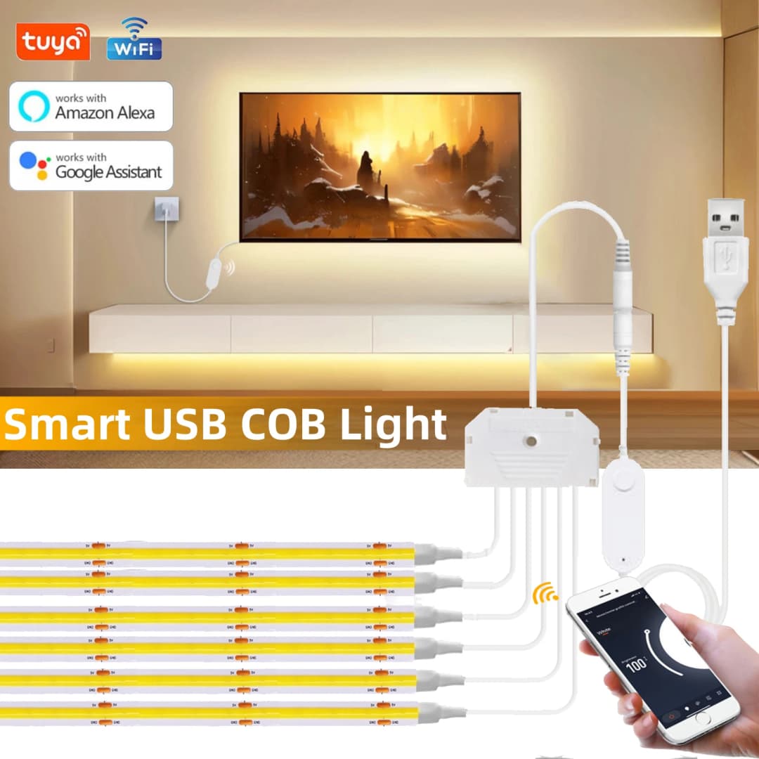 شريط LED COB من Tuya مع تحكم عبر تطبيق Tuya Smart Life، إضاءة LED قابلة للتعتيم، 5V USB، 320 LED، إضاءة خطية للجدران وخزائن المطبخ