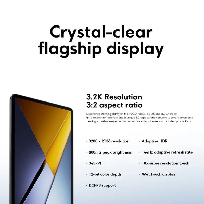 أجهزة لوحية شاومي POCO Pad X1 نسخة عالمية معالج Snapdragon 7+ Gen 3 ثماني النواة شاشة 11.2 بوصة 3.2K 144Hz شاحن 45W بطارية 8850mAh - 3