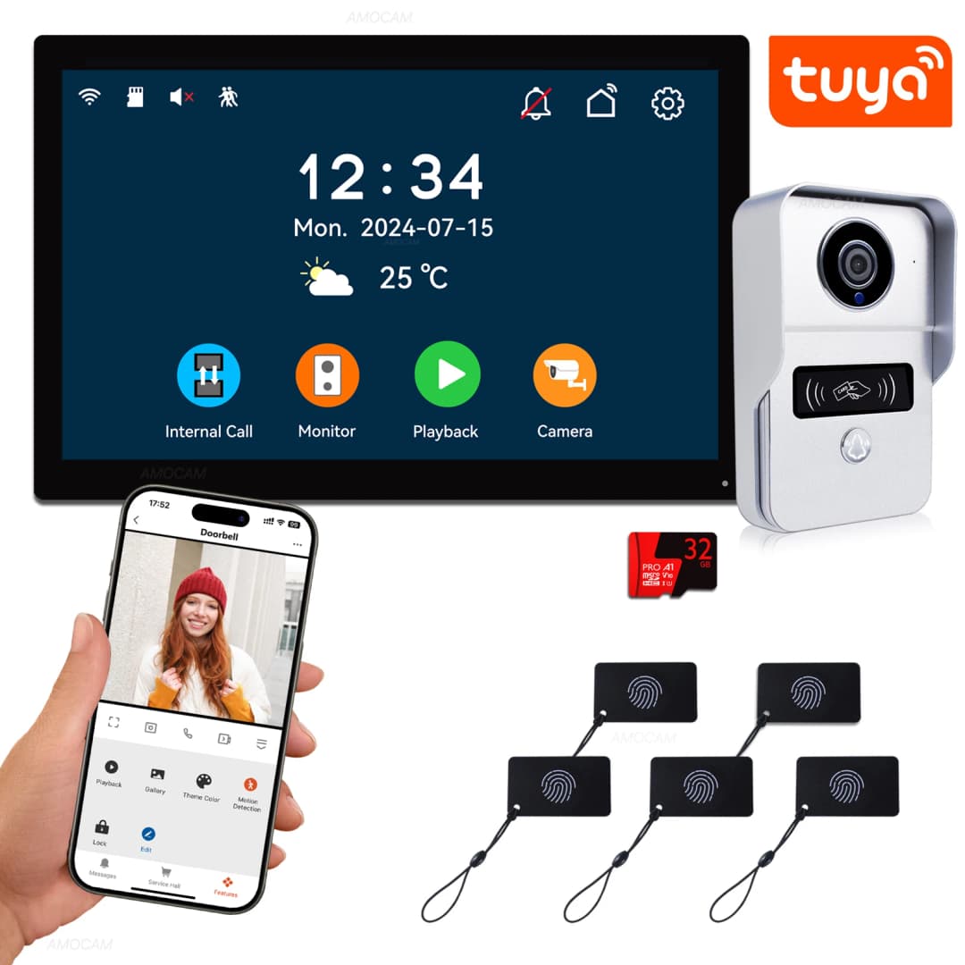 نظام إنتركوم فيديو رقمي سلكي 2 سلك شاشة 7 / 10.1 بوصة لاسلكية WIFI بدقة 1080P كاميرا باب فيديو جرس باب بفتح عبر Tuya
