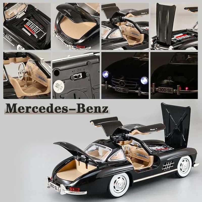 نموذج سيارة مرسيدس بنز 300SL بمقياس 1:24 من سبائك معدنية كلاسيكية قديمة مع إضاءة وصوت هدية لعبة للأطفال - 5