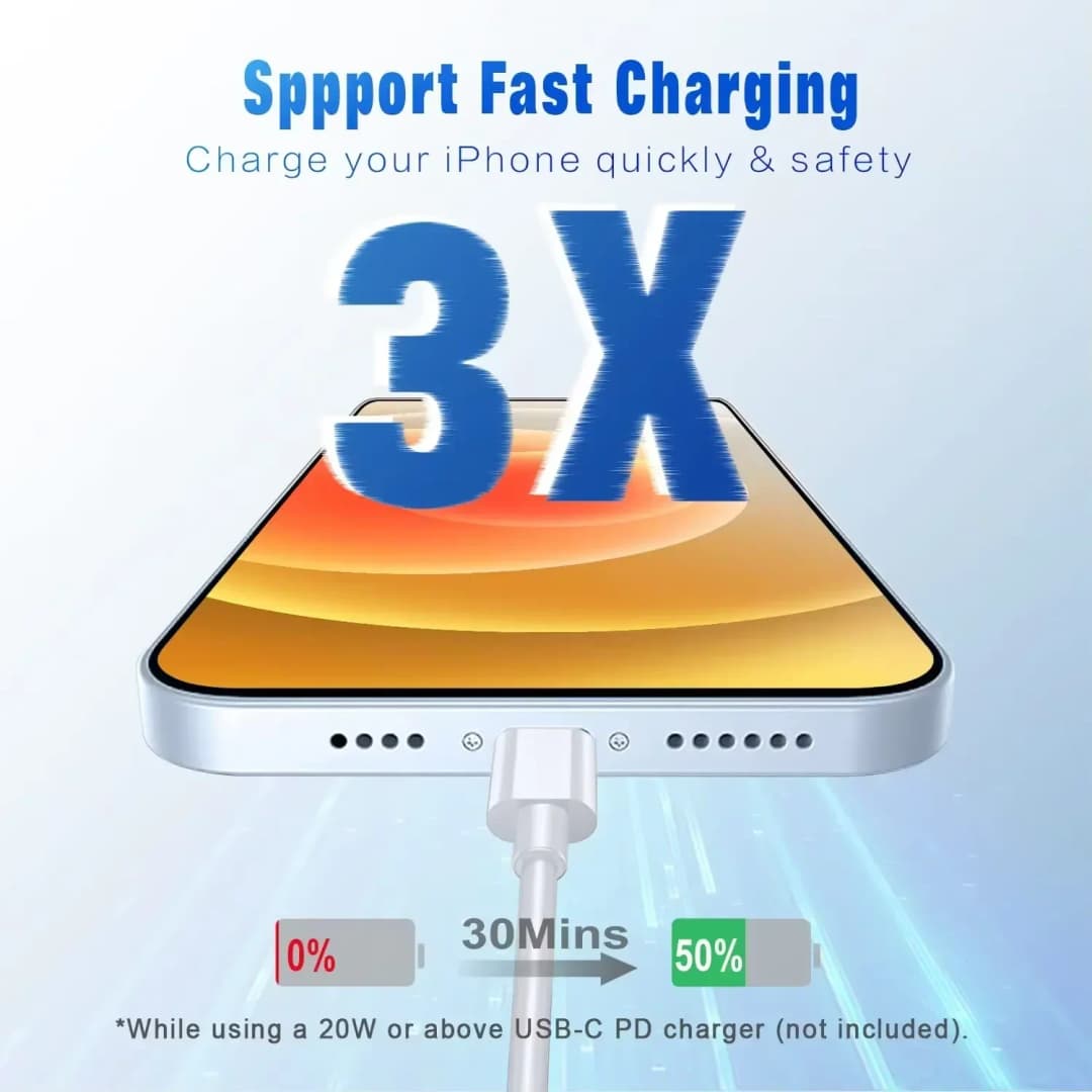 كابل شحن سريع من ZIJAZO بقوة 30 واط من نوع C إلى Lightning، كابل شحن سريع من USB C إلى Lightning لهواتف آيفون 14 و13 و12 و11 وXR وXS وPro Max و8 و7 بلس وأجهزة آيباد - 4