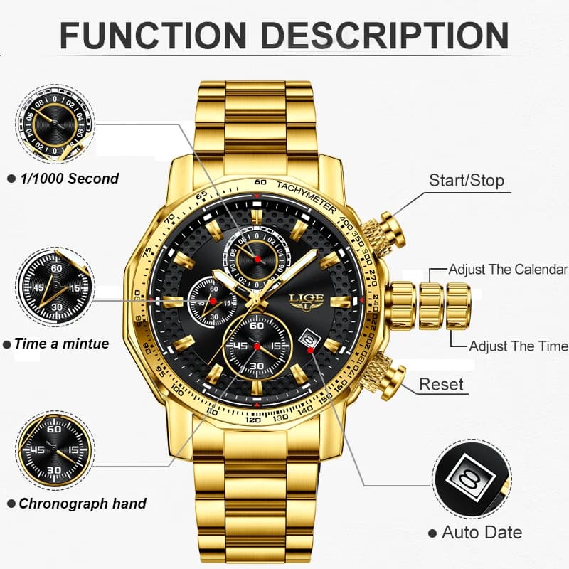 LIGE New Gold Quartz Watches For Men Military Sport Waterproof Big Dial Watch Men Fashion Business Date Chronograph Montre Homme - 3