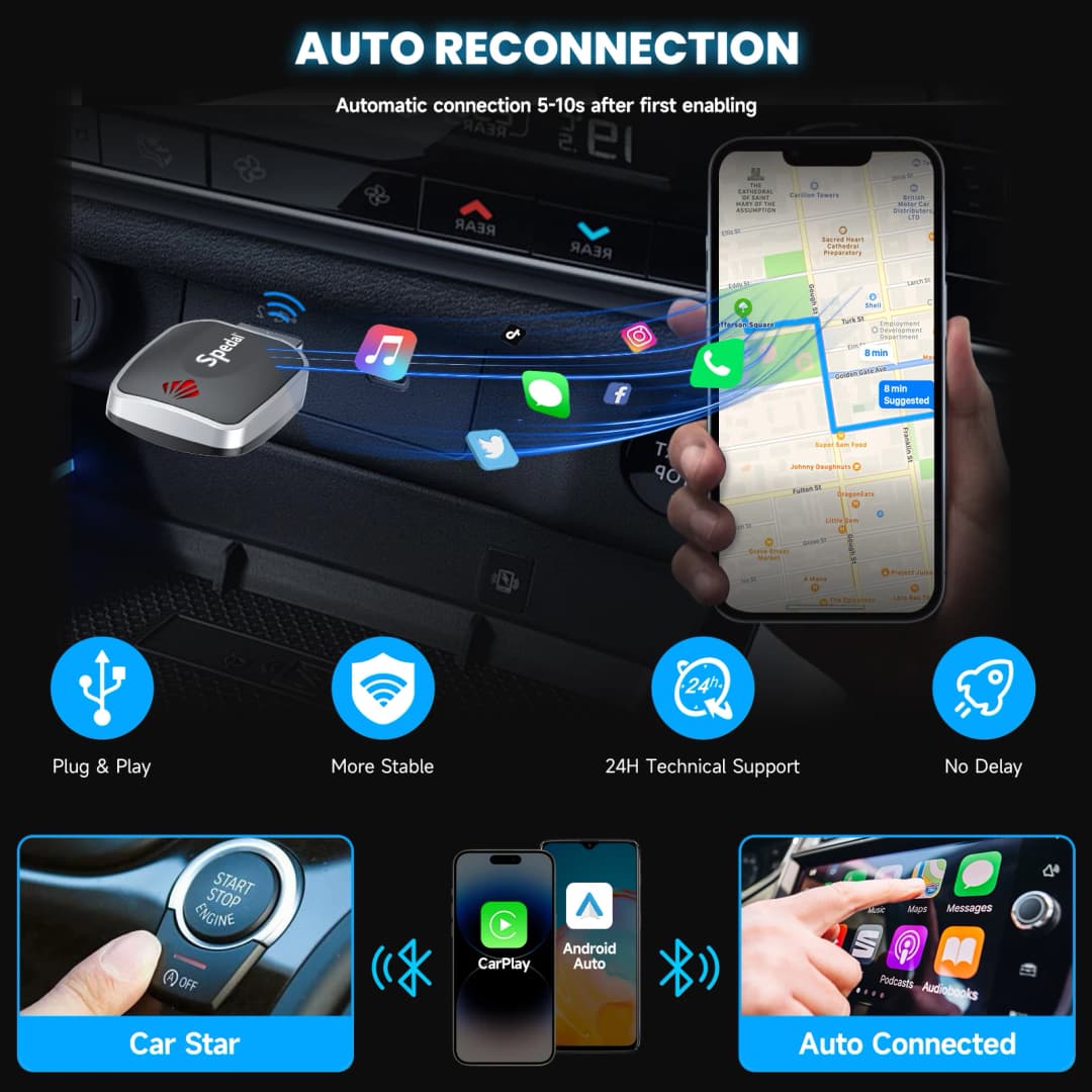 Spedal 2-in-1 Wired to Wireless CarPlay Adapter & Android Auto Wireless Adapter Plug & Play - 5