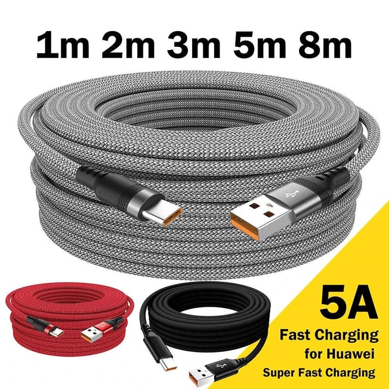 كابل USB Type C بطول 1 متر و2 متر و3 متر و5 متر و8 متر شحن سريع جداً 6 أمبير كابل بيانات ممتد لهواتف Huawei Xiaomi Realme Vivo Oneplus Oppo