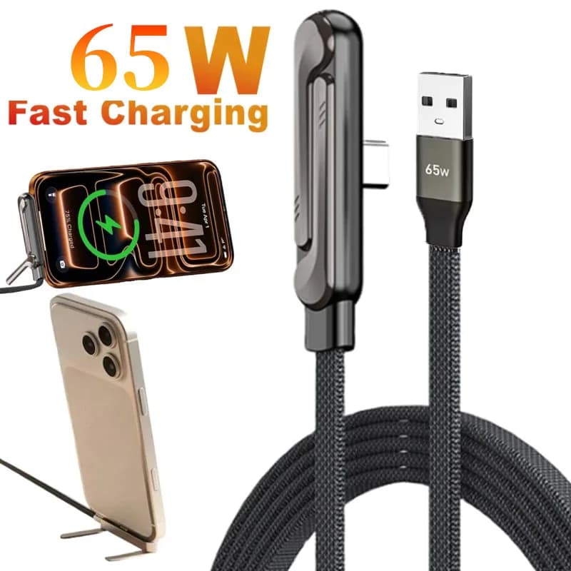 شاحن هاتف جانبي من ASUS بقدرة 65 واط للشحن السريع، مع حامل هاتف مدمج وكابل شحن قابل للطي من نوع USB A-Type-C