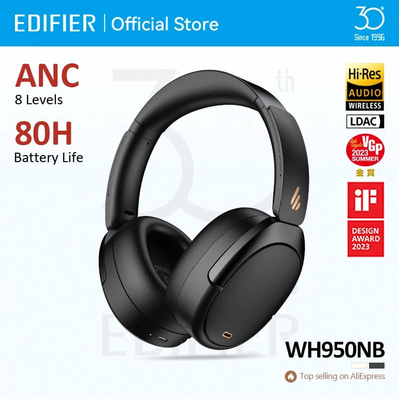 سماعات الرأس اللاسلكية Edifier WH950NB مع إلغاء الضوضاء النشط، بلوتوث 5.4، صوت عالي الدقة، تشغيل حتى 80 ساعة، 4 ميكروفونات