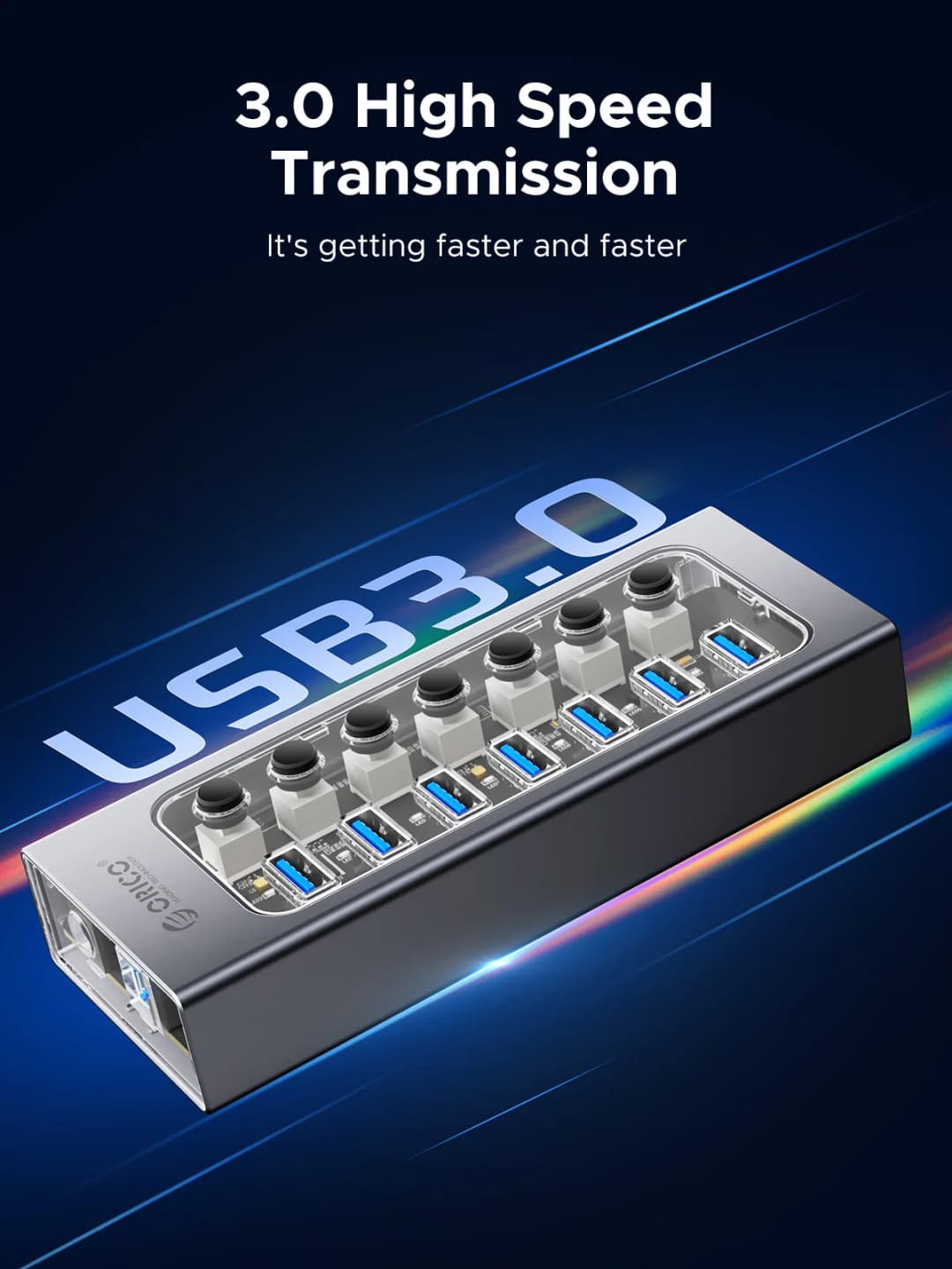 ORICO USB3.0 Hub Aluminum Industrial 7-Port Splitter Split Switch with 12v Power Adapter for Macbook Mobile Phone Tablets - 2