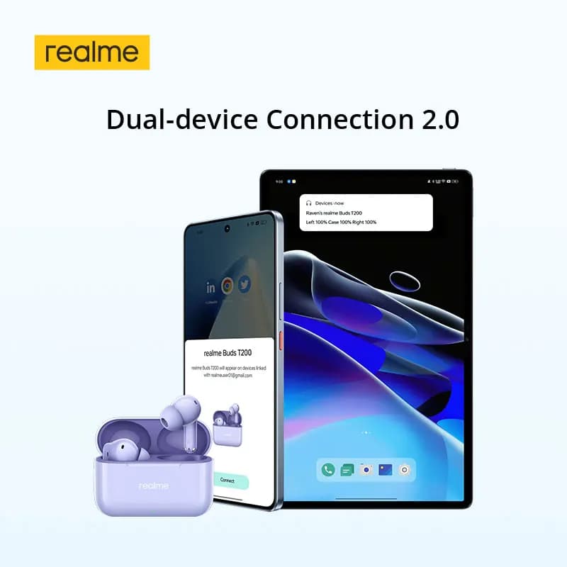 سماعات realme Buds T200 TWS، إلغاء ضوضاء نشط 32dB، مشغل باس ديناميكي 12.4 ملم، بلوتوث 5.4، مقاومة للماء IP55، شهادة Hi-Res - 6