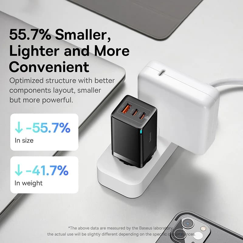 شاحن Baseus 65W GaN شحن سريع Type C PD QC شاحن USB شاحن سريع محمول لجهاز الكمبيوتر المحمول iPhone 17 16 15 14 13 Pro - 6