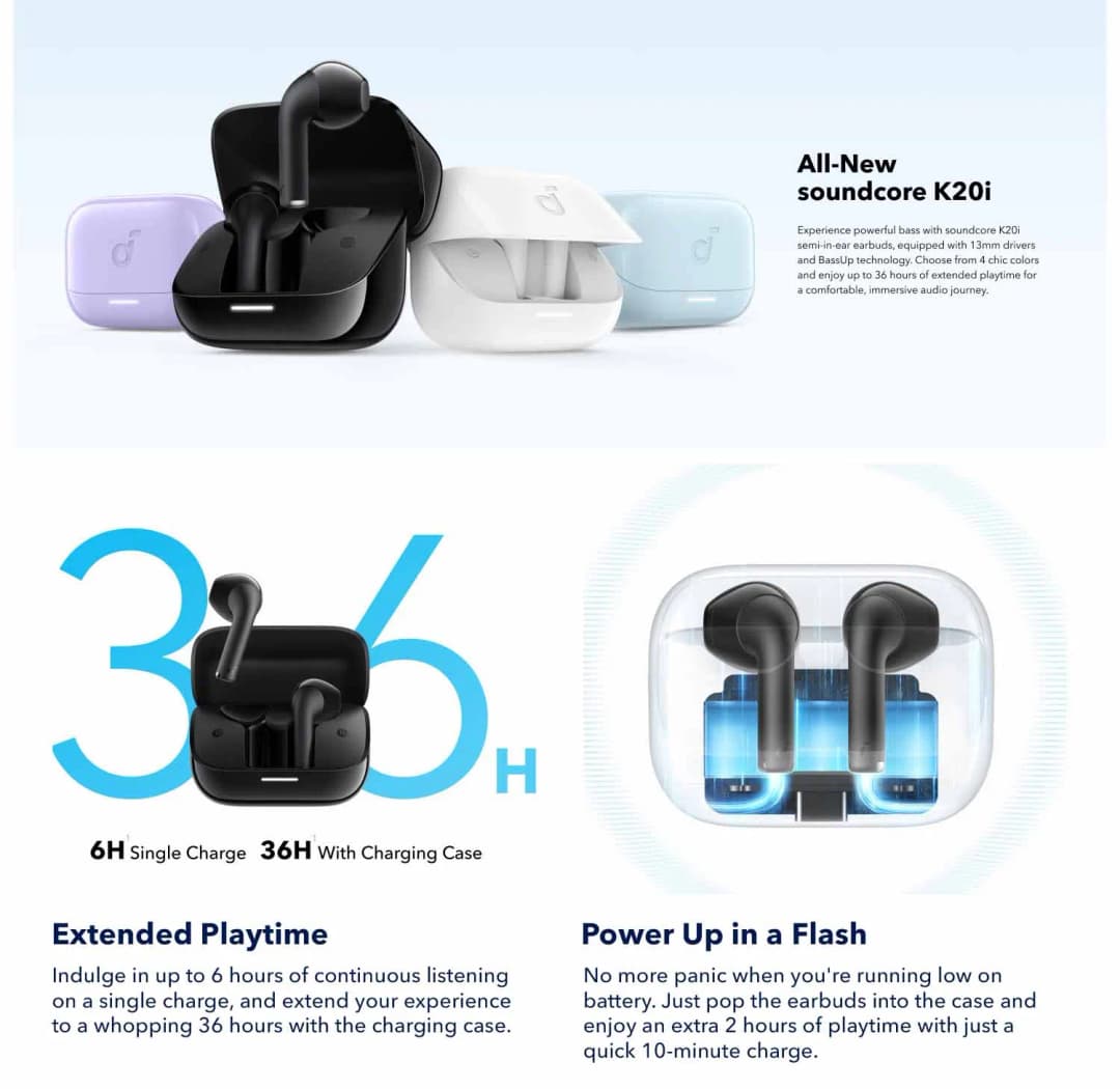 سماعات أذن شبه داخل الأذن Soundcore K20i من Anker مع بلوتوث وسماعات رأس بلوتوث لاسلكية وسماعات أذن بلوتوث لاسلكية - 2