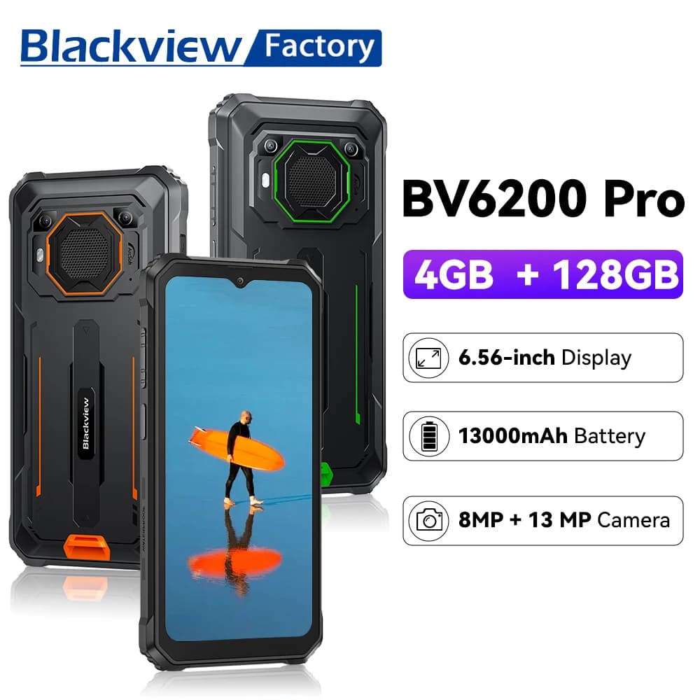 بلاكفيو BV6200 برو هواتف ذكية متينة، 6.56 بوصة HD، مقاوم للماء، هاتف محمول، بطارية 13000 مللي أمبير، 6 جيجابايت + 128 جيجابايت، هاتف ذكي أندرويد 13
