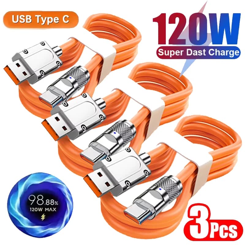 3 قطعة 120 واط شحن سريع للغاية نوع-C كابل السيليكون السائل شحن سريع USB C خطوط لشاومي هواوي سامسونج USB سلك بيانات الهاتف