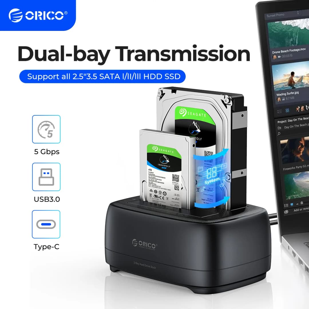 ORICO Dual-bay Hard Drive Station USB3.0 5Gbps Type-C HDD Docking Station  with 12V 3A Power Adapter  for 2.5/3.5 Inch HDD/SSD