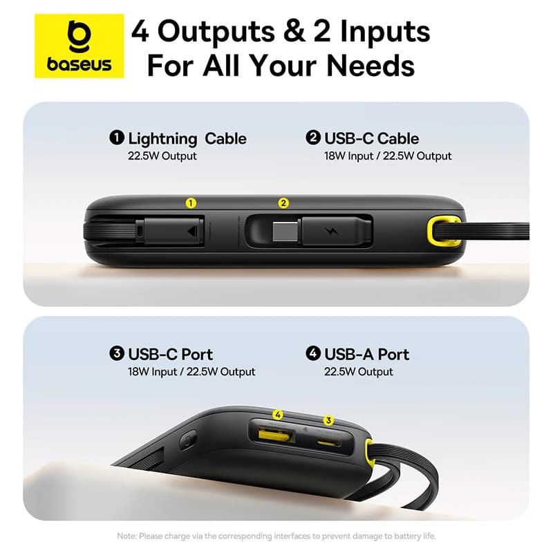 بايوس 22.5 واط 10000 مللي أمبير 20000 مللي أمبير بنك طاقة مدمج بكابل قابل للسحب USB-C و Lightning لهاتف آيفون 16 سامسونج S25 شاومي بوكو - 3