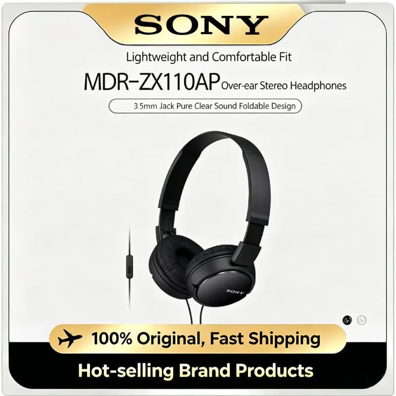 سماعات رأس سوني MDR-ZX110AP الأصلية، سلكية، صوت ستيريو، مقبس 3.5 ملم، قابلة للطي، مع ميكروفون مدمج