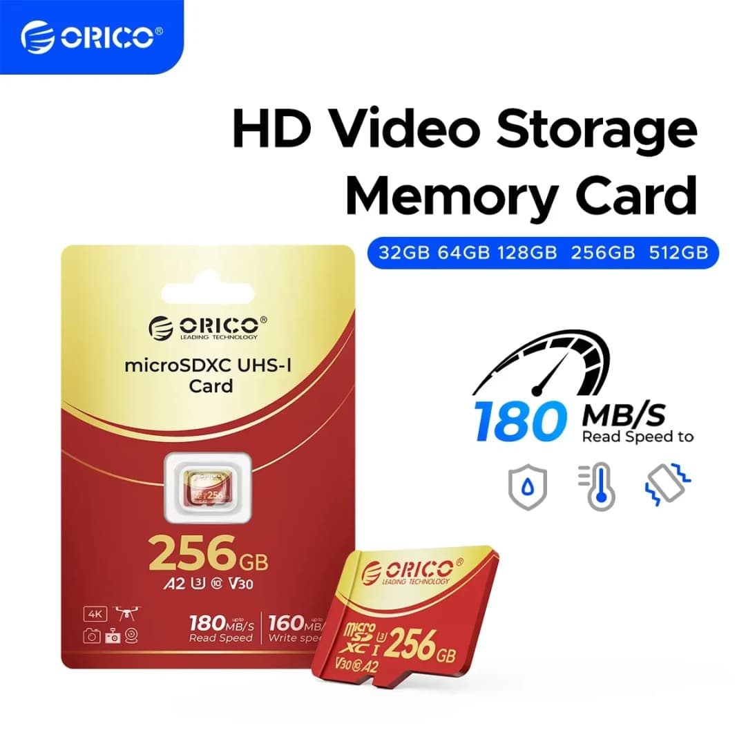 بطاقة ذاكرة ORICO 256GB Micro SD microSDXC بسرعة قراءة/كتابة حتى 180 ميجابايت/ثانية، متوافقة مع Full HD و4K UHD، C10، U3، V30، 4K، A2، مثالية للكاميرات بدون طيار وكاميرات داش