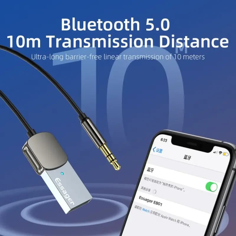 إيسونجير محول بلوتوث USB إلى AUX، جهاز استقبال بلوتوث للسيارة، يدعم المكالمات بدون استخدام اليدين، إرسال BT - 5