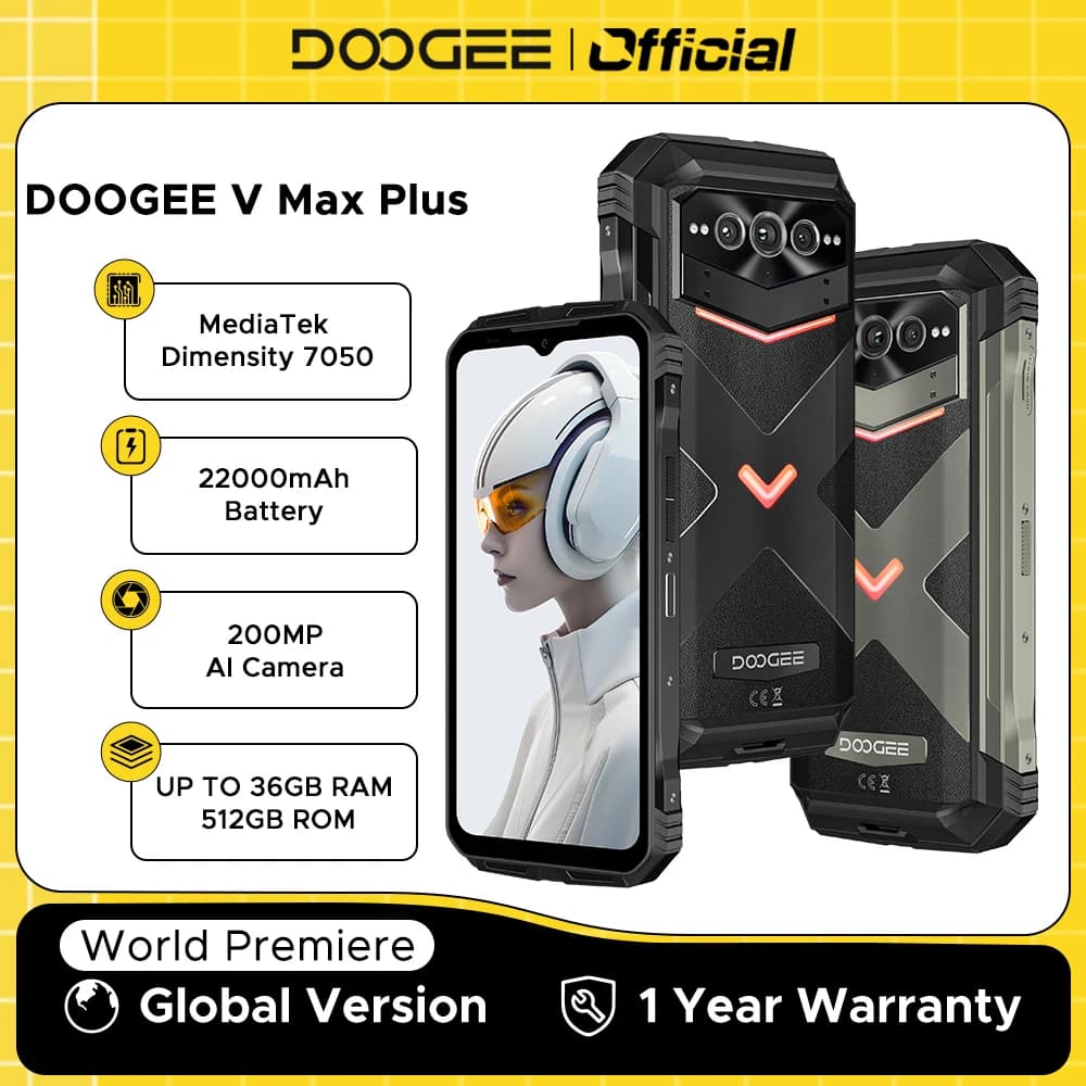 الإصدار العالمي DOOGEE V Max Plus هاتف متين 6.58 بوصة 120 هرتز 36 جيجابايت (16+20) 512 جيجابايت كاميرا 200 ميجابكسل ذكاء اصطناعي بطارية 22000 مللي أمبير تأثير إضاءة أندرويد 14