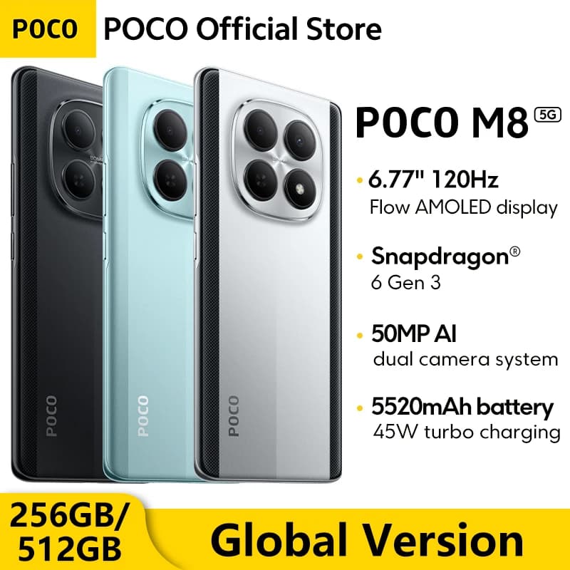 هاتف POCO M8 5G - الإصدار العالمي، معالج Snapdragon 6 Gen 3، شاشة Flow AMOLED بحجم 6.77 بوصة، بطارية 5520 مللي أمبير، شحن 45 واط، NFC