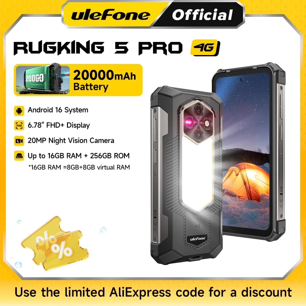 هاتف Ulefone RugKing 5 Pro 4G، هاتف ذكي متين بنظام أندرويد 16، بطارية 20000 مللي أمبير، ذاكرة وصول عشوائي حتى 16 جيجابايت، ذاكرة تخزين 256 جيجابايت، كاميرا ليلية، شاشة 6.78 بوصة FHD+