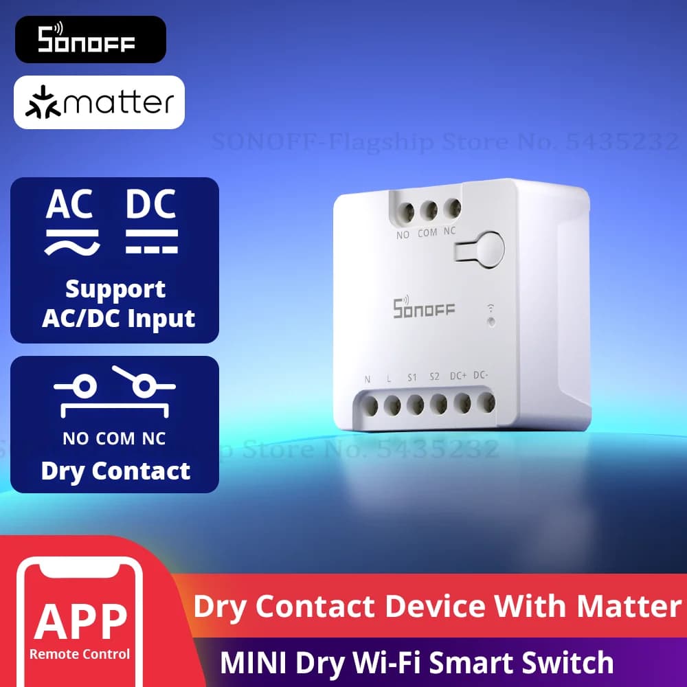 سونوف MINI-D مفتاح واي فاي ذكي أول جهاز ريلاي اتصال جاف مع Matter يدعم التحكم في مقاول إمداد الطاقة AC/DC
