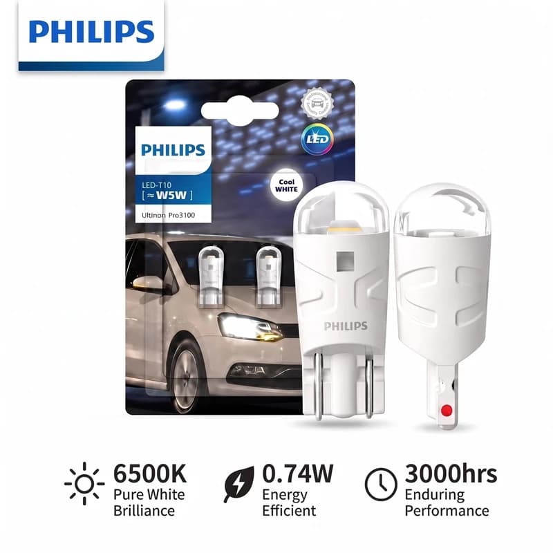 مصابيح إشارات الدوران Philips Ultinon Pro3100 LED T10 W5W، 6500K، أبيض بارد، طراز جديد، إضاءة داخلية ومواقف، زوج