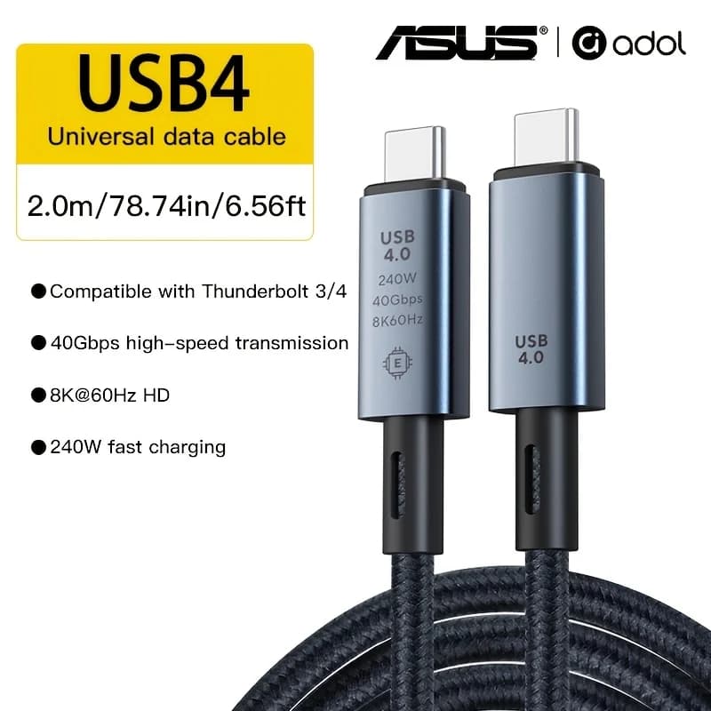 كابل ASUS USB4 بسرعة 40 جيجابت/ثانية وقوة 240 واط بدقة 8K لشحن Thunderbolt 4 Type C السريع ونقل البيانات USB C إلى C
