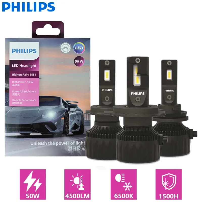 مصابيح فيليبس ألتنيون رالي 3551 LED H4 H7 H11 HB3 HB4 HIR2، طاقة قصوى 50 واط، 4500 لومن، إضاءة بيضاء 6500 كلفن، مصابيح LED عالية السطوع 2X