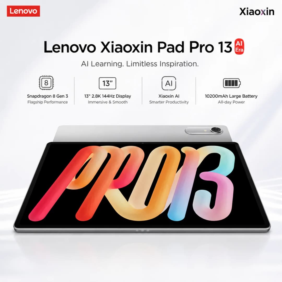 لينوفو شياو شين باد برو 13 TB376FC الجديد 2026، شاشة 13 بوصة، 144 هرتز، 3.5K، معالج سناب دراجون 8S، ذاكرة 128 جيجابايت/256 جيجابايت، بطارية 10200 مللي أمبير - 6