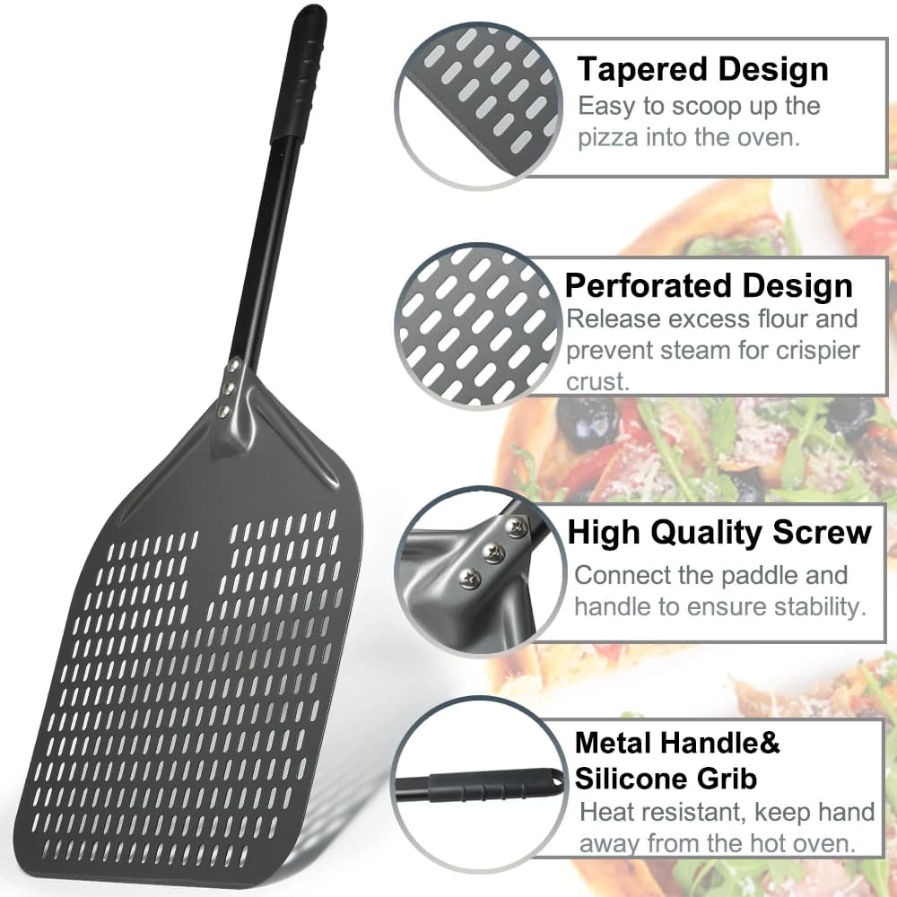 SHANGPEIXUAN 12" Hard Anodized Pizza Peel with Pizza Turning Shovel Set Perforated Rectangle Aluminum Pizza Peel Silicone Handle - 3