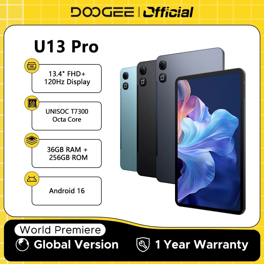 جهاز لوحي DOOGEE U13 Pro بنظام أندرويد 16 وذكاء اصطناعي Gemini AI وشاشة 13 بوصة FHD+ ومعالج UNISOC T7300 وسعة تخزين 32 جيجابايت و256 جيجابايت وبطارية 11000 مللي أمبير