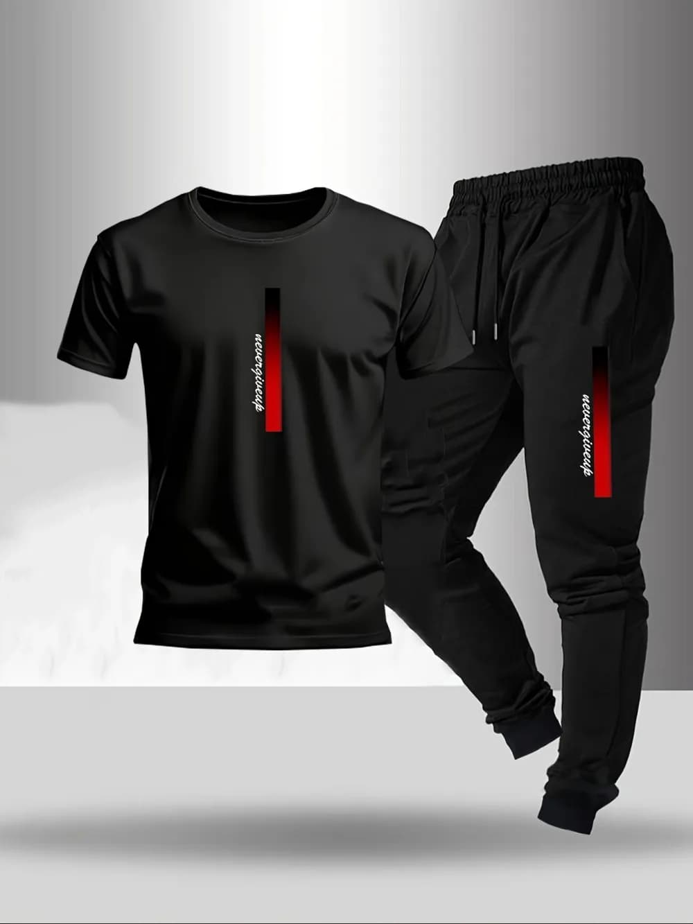 New men's fashionable letter gradient printed breathable T-shirt and drawstring pants set suitable for outdoor casual wear