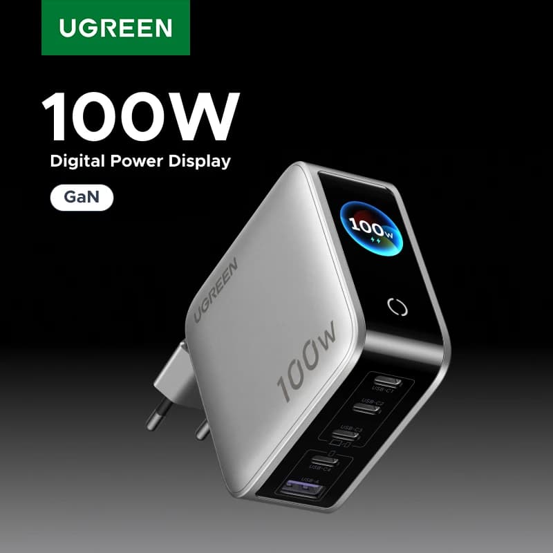 يوجرين شاحن 100 واط GaN مع شاشة ذكية QC4.0 PD 3.0 شاحن USB C لماك بوك برو لابتوب آيفون 17 16 برو آيباد تابلت سامسونج