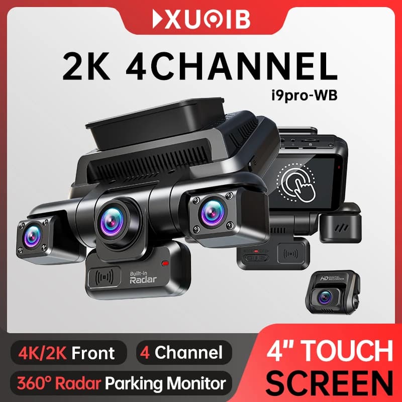 كاميرا سيارة XUOIB I9pro-WB 4CH بدقة 360 درجة وشاشة لمس 4 بوصة بدقة 4K/2K مع تسجيل 24 ساعة وواي فاي وجي بي اس ورؤية ليلية