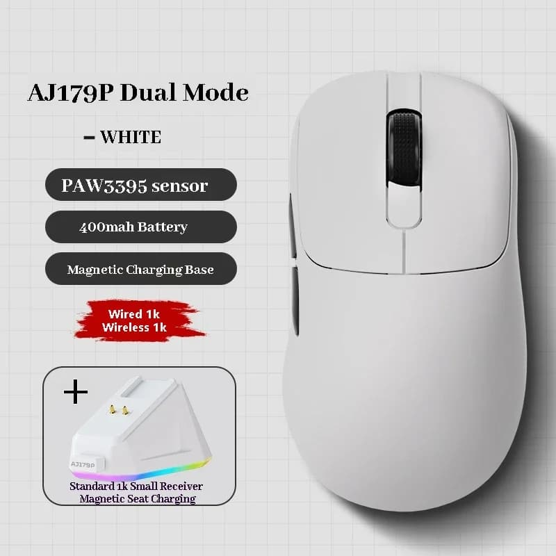 ماوس ألعاب لاسلكي من AJAZZ AJ179P PAW3950 بدقة 30000DPI و8Khz، مريح لليد اليمنى مع قاعدة شحن مغناطيسية بإضاءة RGB