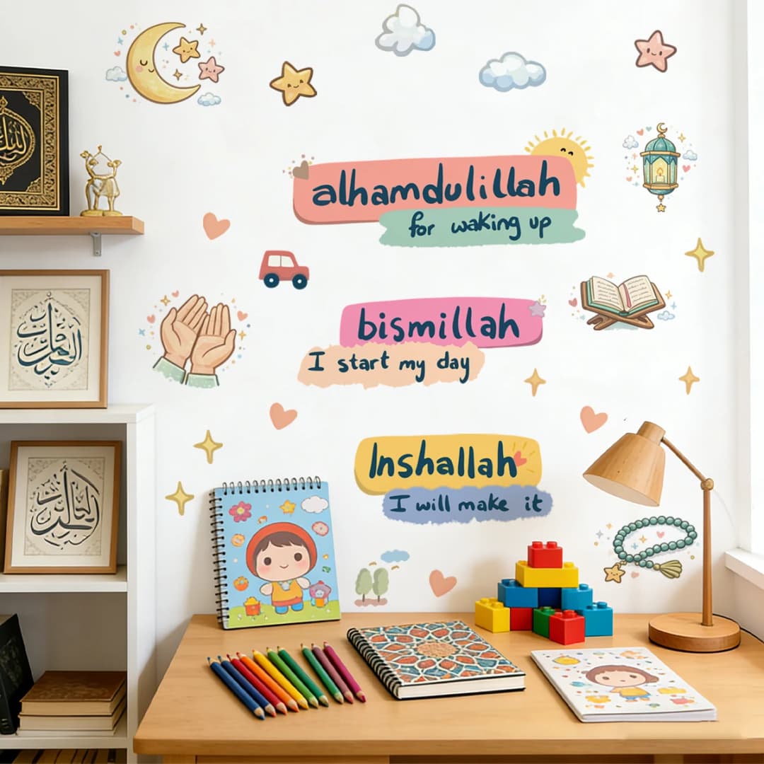 ملصق حائط بعبارات يومية كرتونية إسلامية مع هلال ونجوم، ديكور فني تحفيزي ديني للمنزل، مناسب لغرف المعيشة والنوم للمسلمين - 3