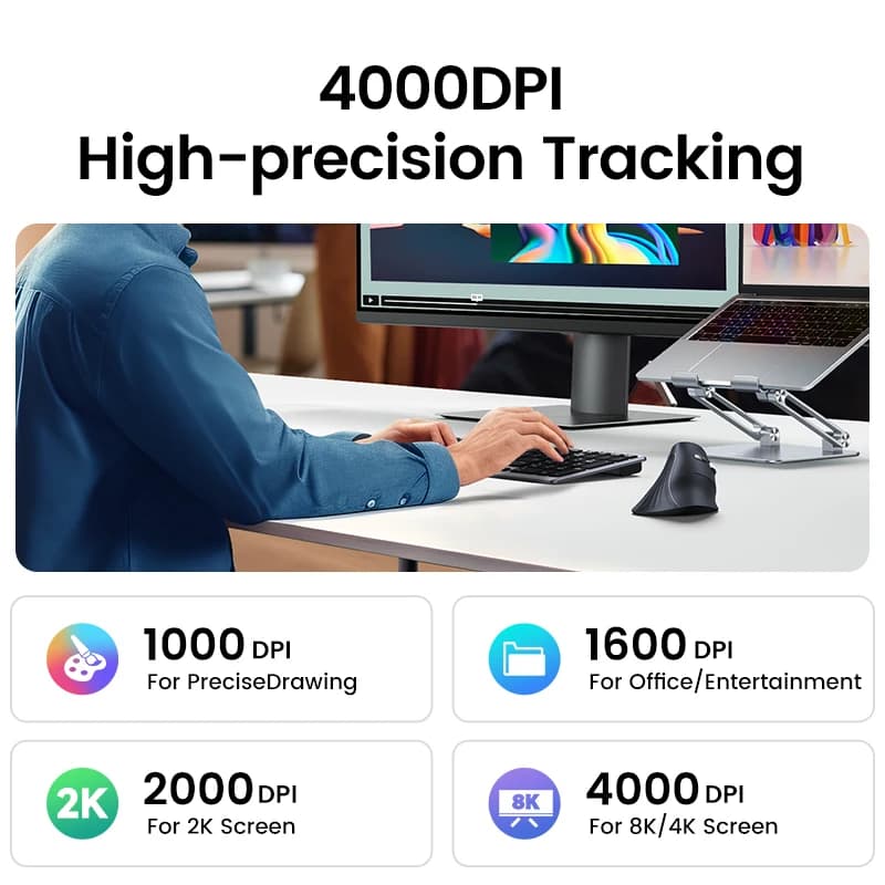 ماوس عمودي لاسلكي UGREEN بلوتوث 5.0 و2.4 جيجاهرتز مريح 4000 نقطة في البوصة 6 أزرار صامتة لماك بوك والكمبيوتر اللوحي والكمبيوتر المحمول والكمبيوتر الشخصي - 3