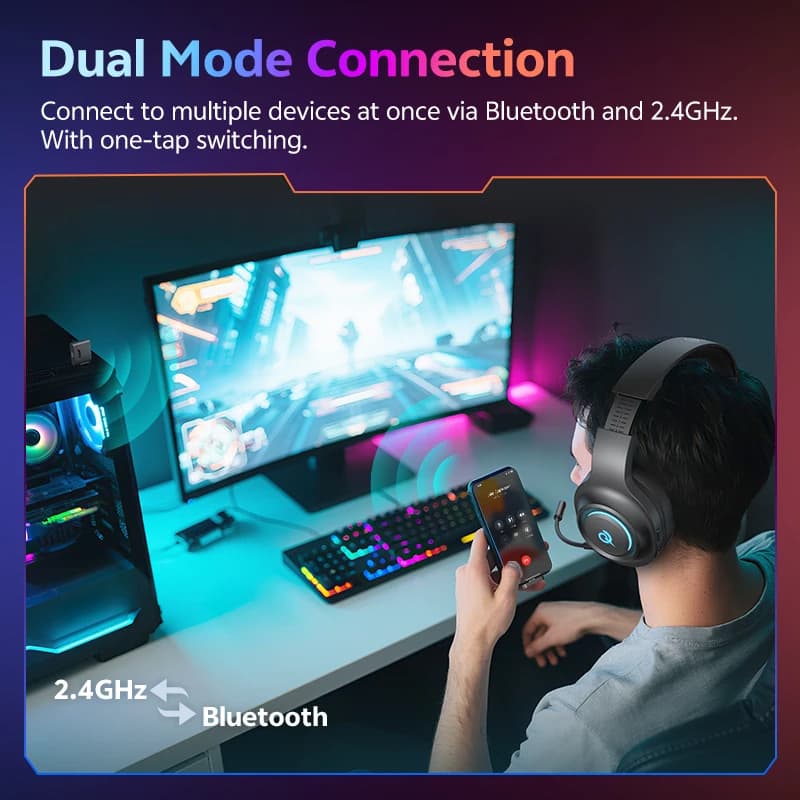 QCY Tri-Mode Heroad V200 Gaming Headset Wireless Bluetooth 6.0 with Mic 7.1 Surround Sound Driver Dynamic RGB Over Ear Headphone - 5