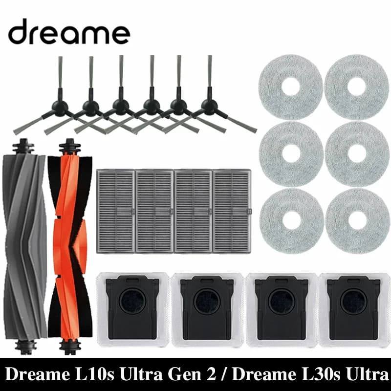 قطع غيار مكنسة Dreame L10s Ultra Gen 2 / L30s Ultra الروبوتية: فرش جانبية رئيسية، مناديل تنظيف، فلاتر HEPA، أكياس غبار