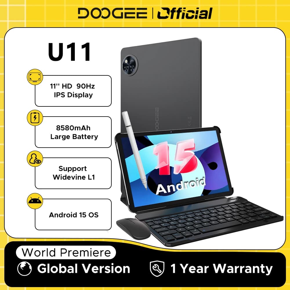 جهاز لوحي DOOGEE U11 بنظام أندرويد 15 بشاشة 11 بوصة فائقة الوضوح بمعدل تحديث 90 هرتز، ذاكرة 16 جيجابايت (4+12)، سعة تخزين 128 جيجابايت، بطارية 8580 مللي أمبير، معالج Unisoc T606 ثماني النواة، مكبرات صوت مزدوجة