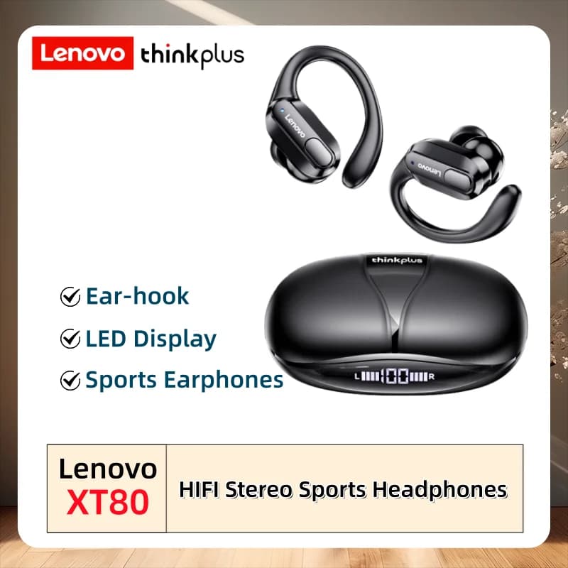 سماعات رأس رياضية بلوتوث لاسلكية أصلية Lenovo XT80 مع ميكروفون، شاشة عرض طاقة LED، تقنية ENC، سماعات ألعاب ستيريو Hifi
