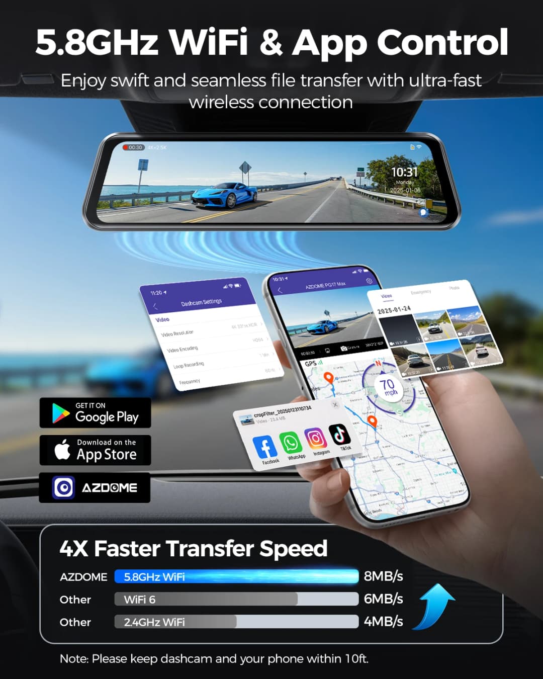 كاميرا AZDOME PG17 MAX الأمامية والخلفية للسيارة بشاشة لمس 12 بوصة ومسجل فيديو للسيارة (DVR) بدقة 4K+2.5K وكاميرا مرآة الرؤية الخلفية مع نظام تحديد المواقع العالمي (GPS) وواي فاي والتحكم الصوتي ونظام ADAS - 5