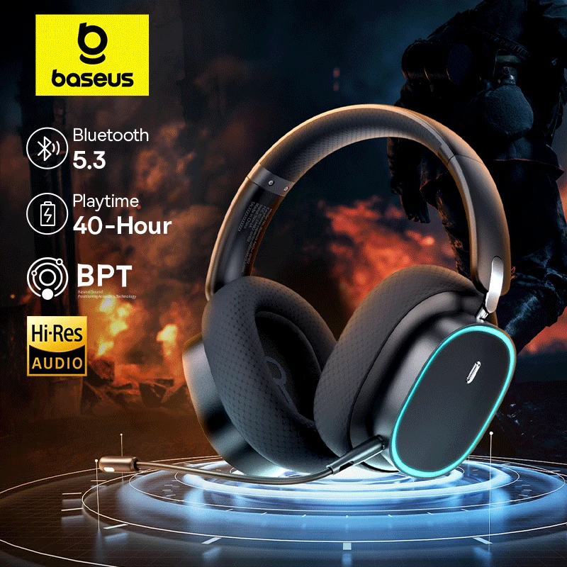 سماعات رأس Baseus GH02 لاسلكية للألعاب مع ميكروفون، سماعات أذن بلوتوث 5.3، سائق 40 ملم، 2.4G/لاسلكي/كابل RGB