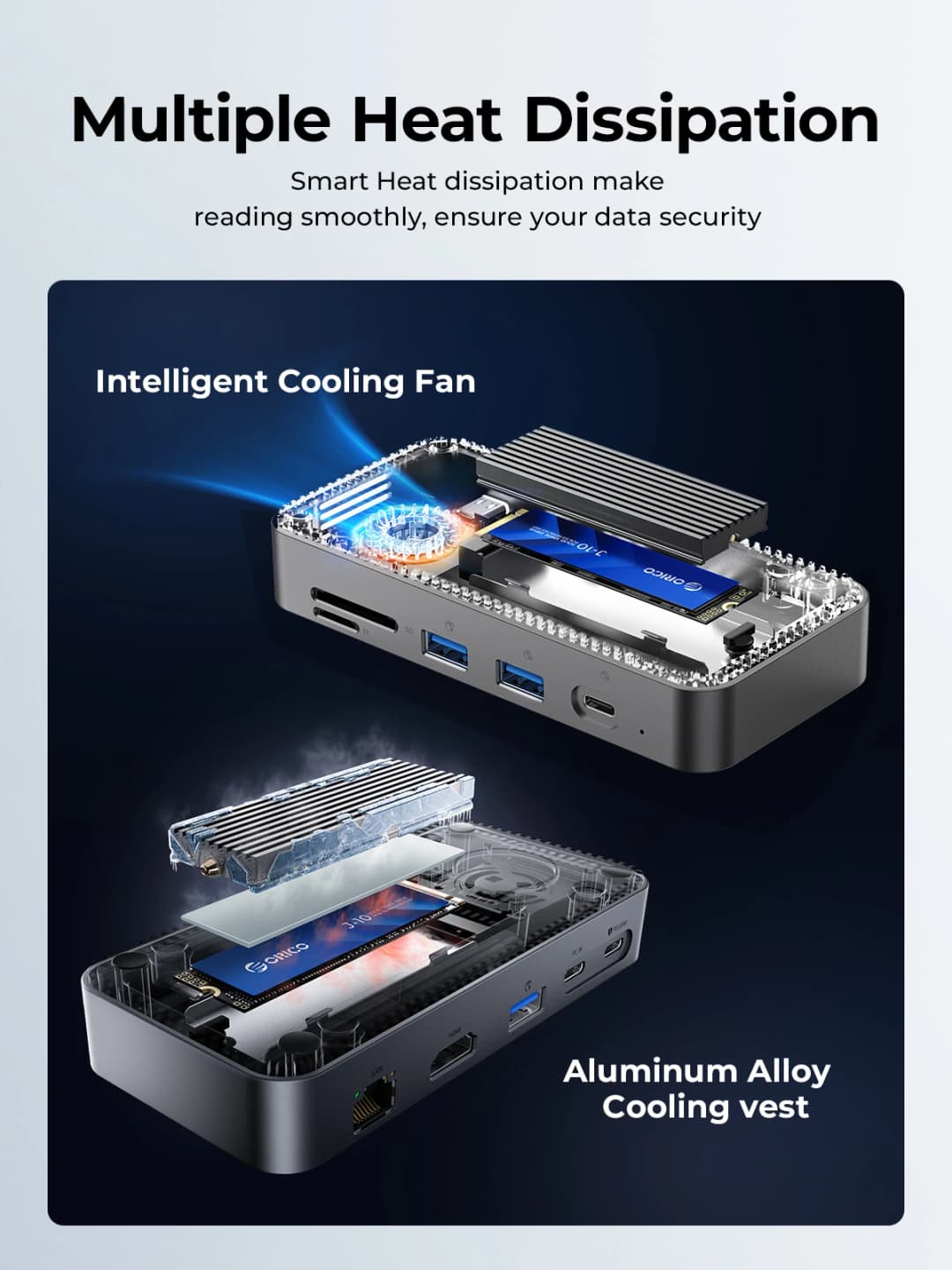 ORICO-USB C HUB with Cooling Fan M.2 NVMe SATA SSD Enclosure External 10Gbps 4K 60Hz HDMI-Com RJ45 SD TF Docking Station - 4