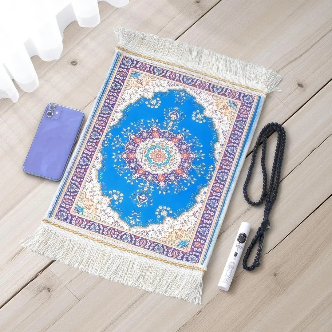 2pcs Set Small Portable Prayer Rug  With Muslim Prayer Beads  30cm x 40cm Ice Silk Pad Buckle Mat Muslim Islam Embroidery Carpet - 3