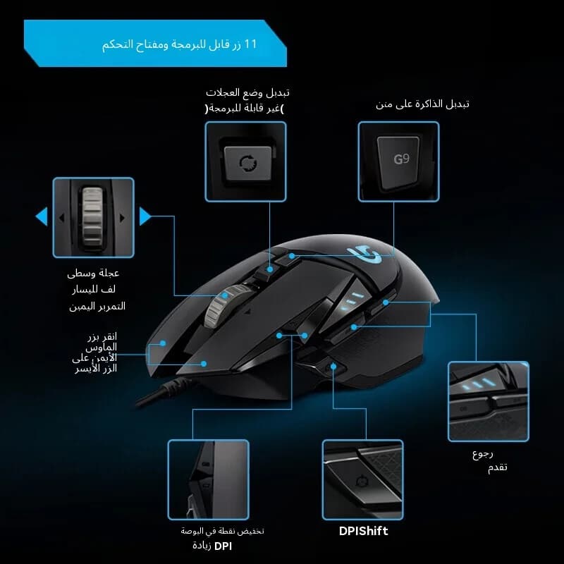 ماوس سلكي أصلي Logitech G502 HERO، مزود بـ 11 زر قابل للبرمجة، معدل 1000HZ (1ms)، و5 كتل وزن - 2