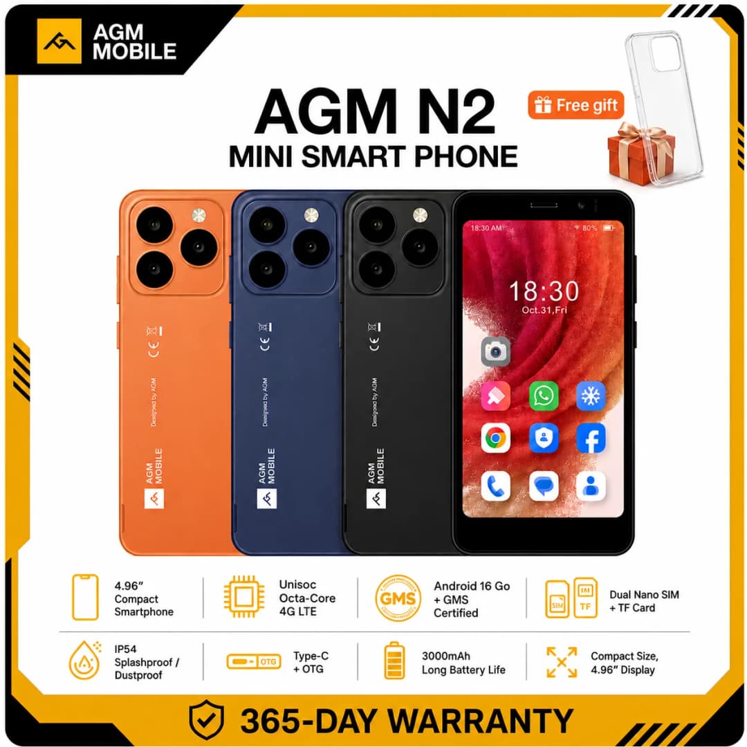 هاتف ذكي AGM N2 مصغر بحجم مدمج شاشة 4.96 بوصة 3 جيجا رام 32 جيجا روم بطارية قابلة للإزالة 3000mAh نظام أندرويد 16 جو خفيف الوزن