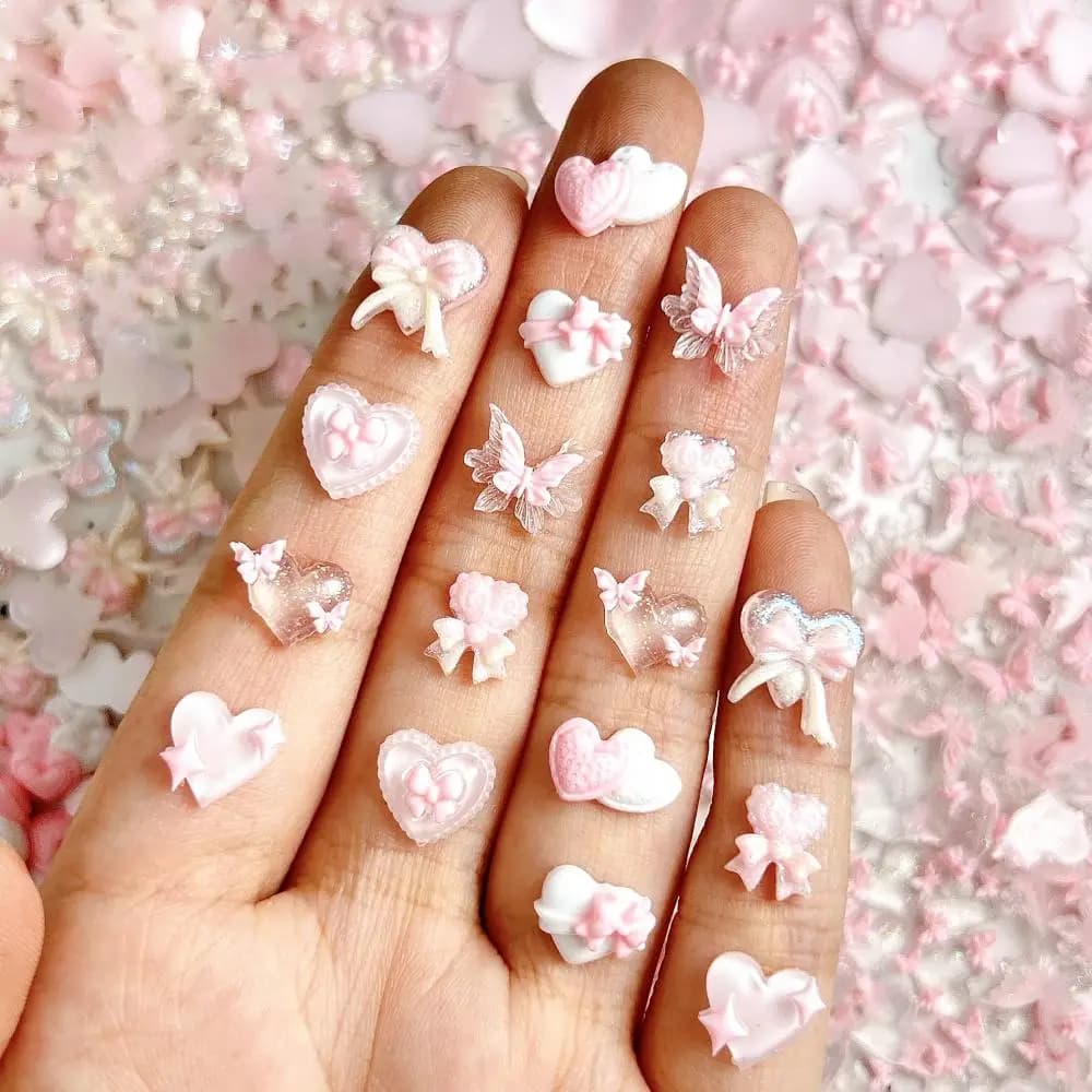 New Pink Series Bow Heart Resin Nail Charms 3D Luminous Double Butterfly Peach Heart Sweet Wind Nail Art Decorations DIY Nails - 5